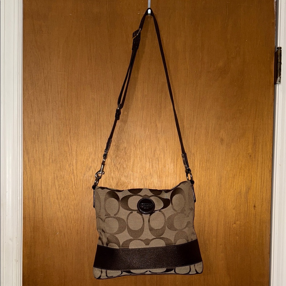 •COACH•TAN & BROWN SIGNATURE “C” STRIPED LOGO FILE TOTE CROSSBODY BAG EUC - Picture 5 of 17